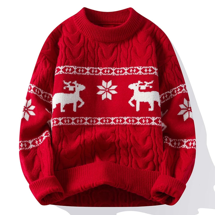 Rød julesweater med rensdyrmotiv og snefnug, strikket mønster, varm og hyggelig til vinter og jul. Perfekt til festlige lejligheder.