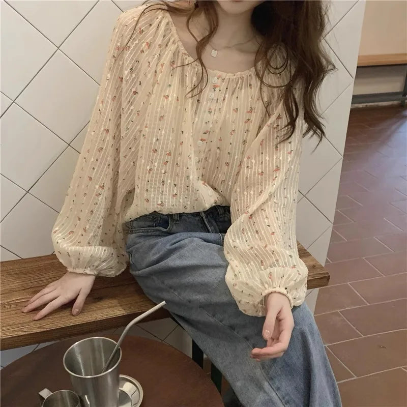 Blusa de gasa para mujer verano estampado floral chica manga farol larga cuello redondo con botones elegante sencilla