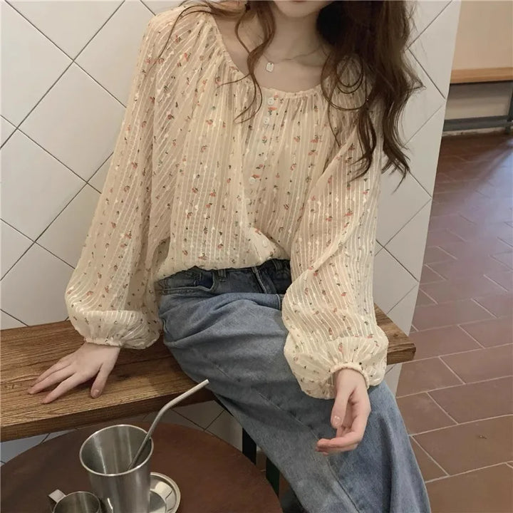 Blusa de gasa para mujer verano estampado floral chica manga farol larga cuello redondo con botones elegante sencilla