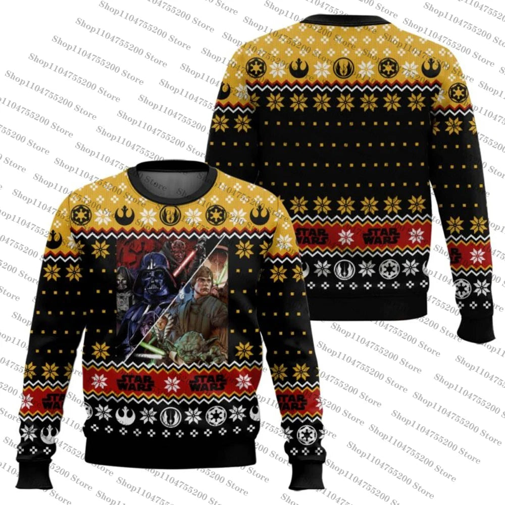 Sort Star Wars julesweater med Darth Vader og Luke Skywalker motiv, gule og røde mønstre, ideel til fans af Star Wars og juletrøjer.