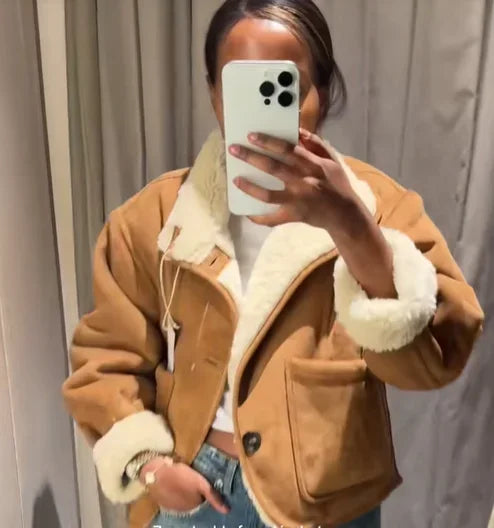 Kurtka z wełny jagnięcej krótka | Odwrócony dekolt w serek wysoki kołnierz casual ciepła