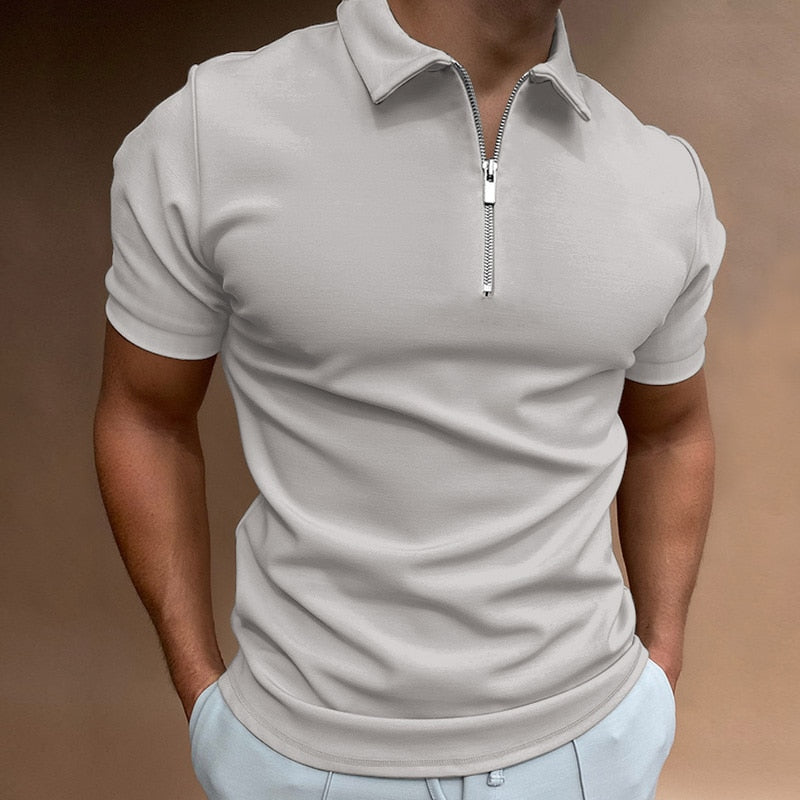 Classic men's polo with zipper and close-fitting cut in solid color design