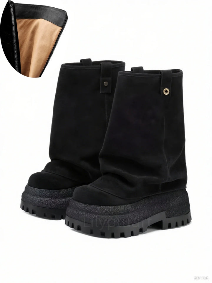 Sort støvle med tyk sål og foldet skaft, detaljeret med en knap. Indvendig beige foring. Trendy fodtøj til vintermode.