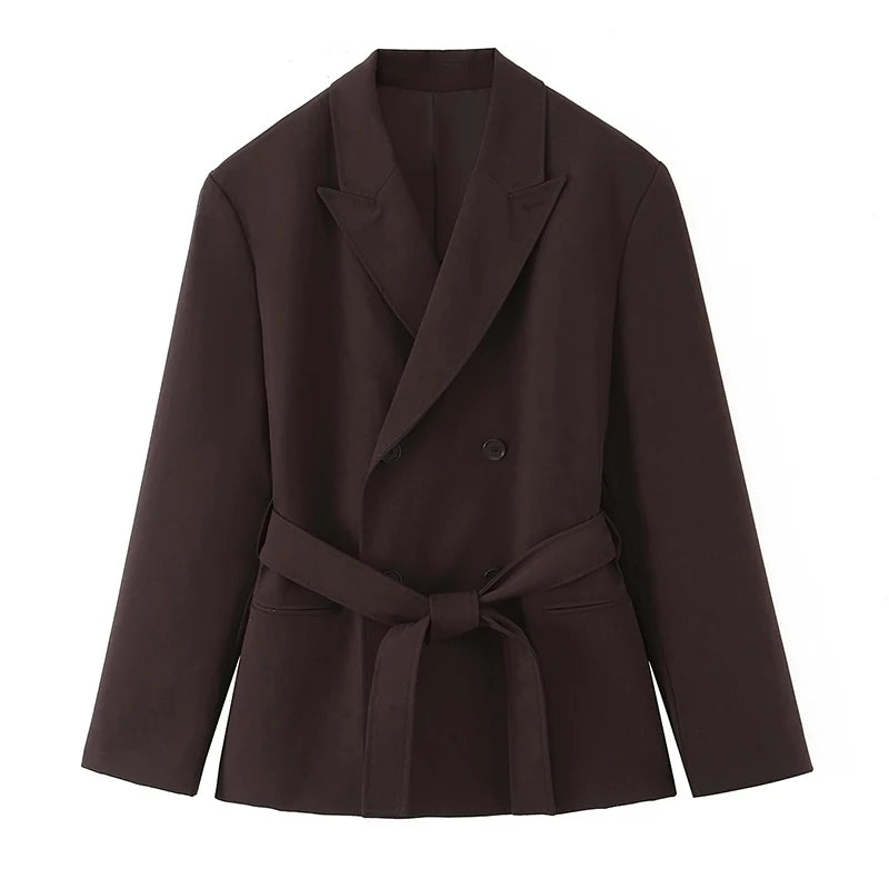 Brun dobbeltradet blazer med bælte, elegant design, velegnet til formelle lejligheder. Stilfuld jakke til kvinder, moderne mode.