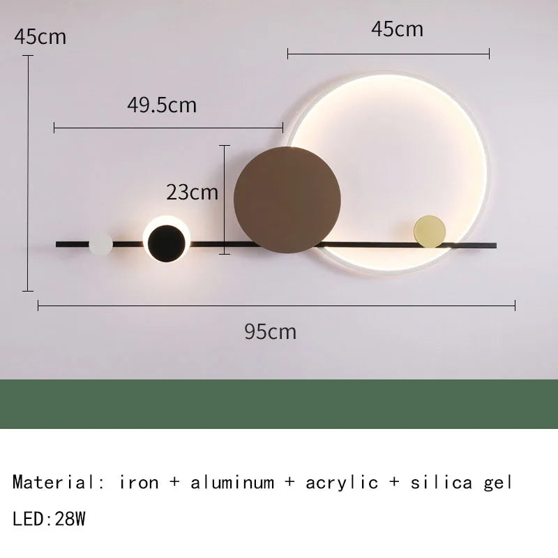Moderne væglampe i jern, aluminium og akryl med LED-lys, 28W. Minimalistisk design med cirkulære elementer, ideel til stueindretning.