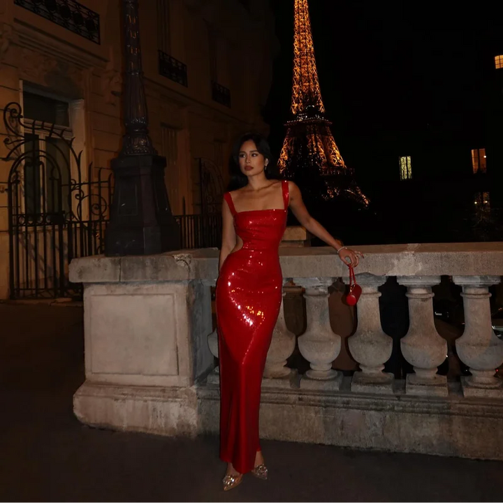 Vestido de noche para mujer - largo, brillante con escote cuadrado para gala y ocasiones especiales