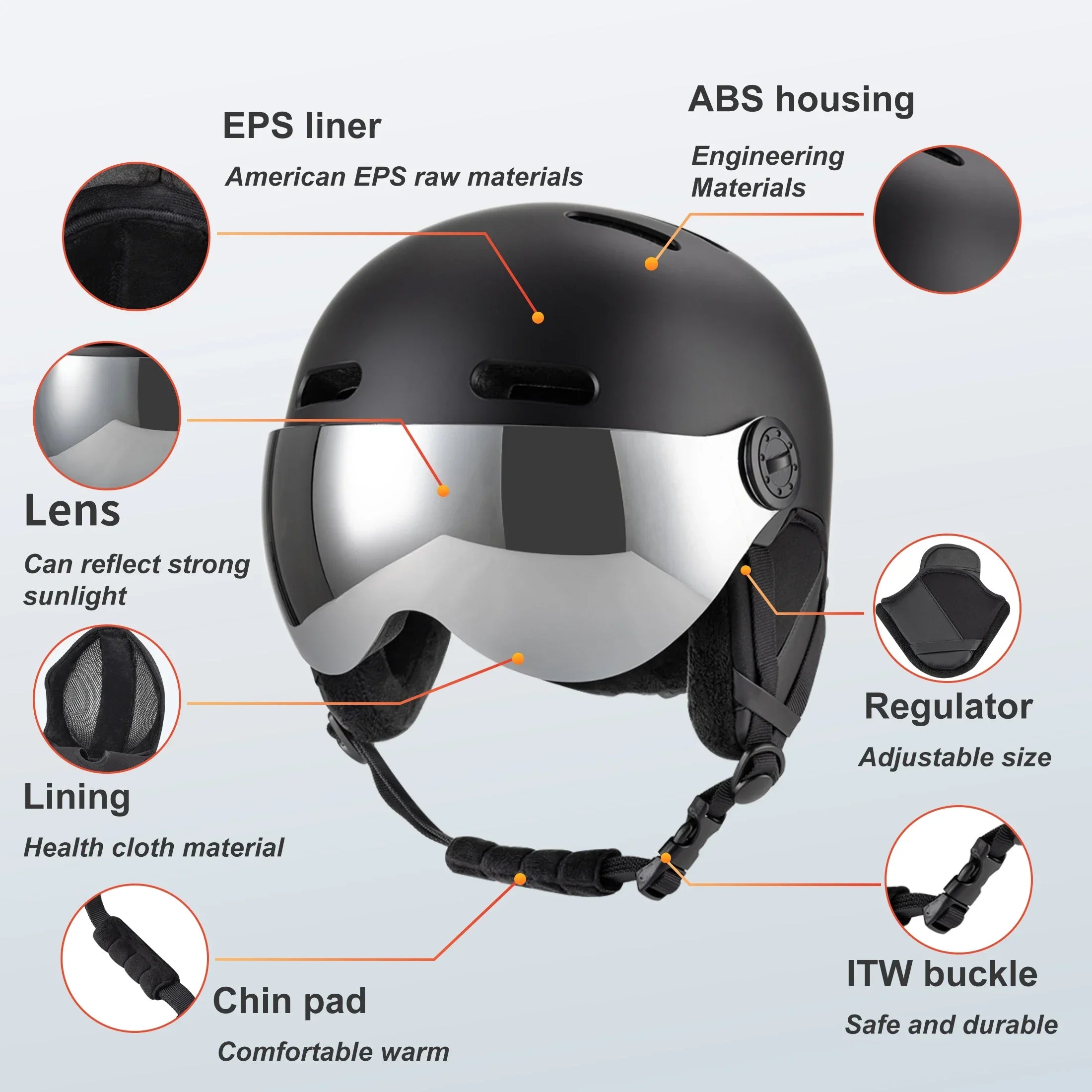Sort skihjelm med reflekterende visir, EPS-foring, ABS-skal, justerbar regulator, hagepude og ITW-spænde. Ideel til vintersport og sikkerhed.