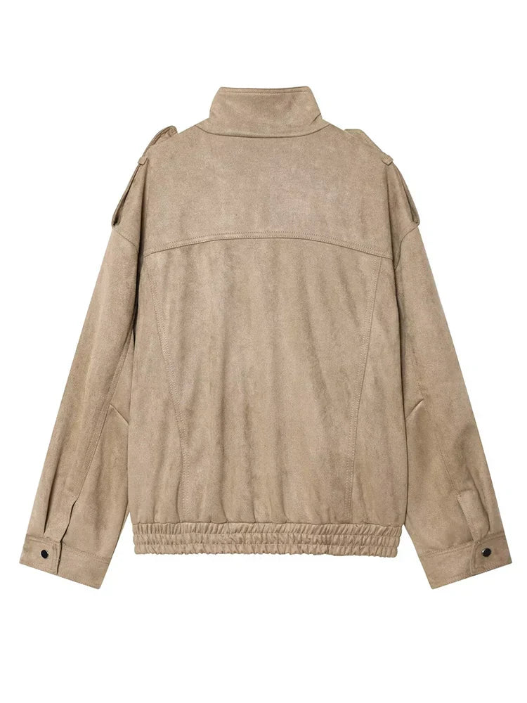 Geacă bomber retro elegantă pentru femei, aspect piele întoarsă, cu buzunare și guler deschis