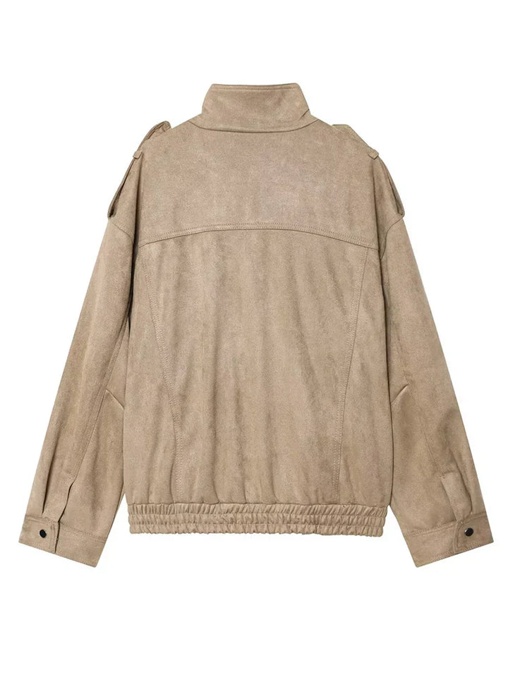 Geacă bomber retro elegantă pentru femei, aspect piele întoarsă, cu buzunare și guler deschis