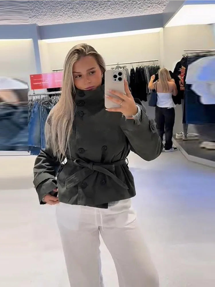 Krótki płaszcz trencz z paskiem | Dwurzędowy wysoki kołnierz szykowna damska kurtka