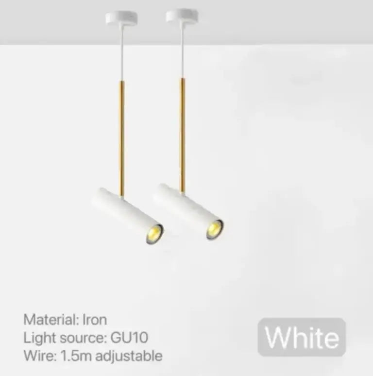 Hvid pendellampe i jern med justerbar 1,5m ledning og GU10 lyskilde. Moderne design, ideel til køkken eller stuebelysning.