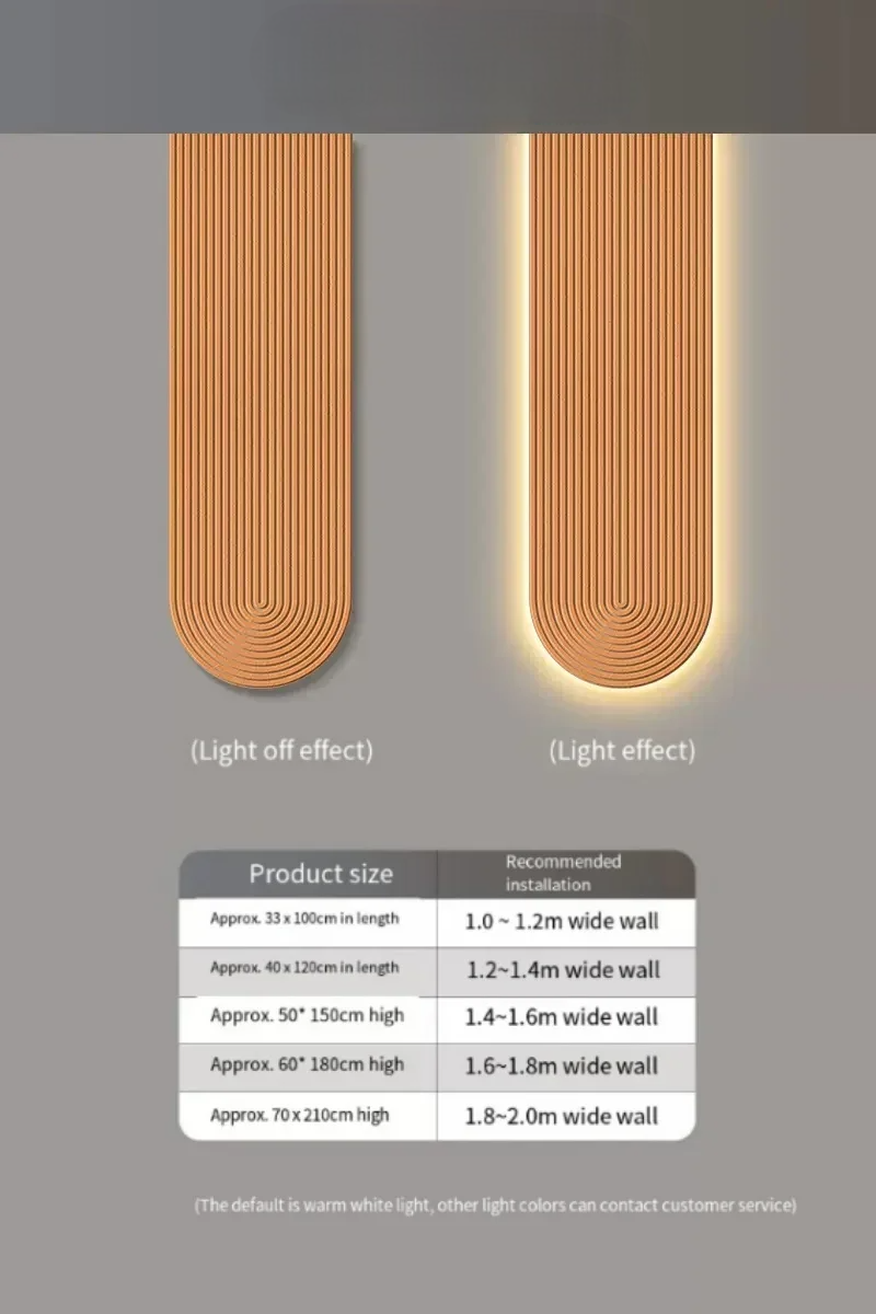 LED-væglampe med lys tændt og slukket effekt, moderne design. Produktstørrelser og anbefalet installation inkluderet. Varmt hvidt lys.