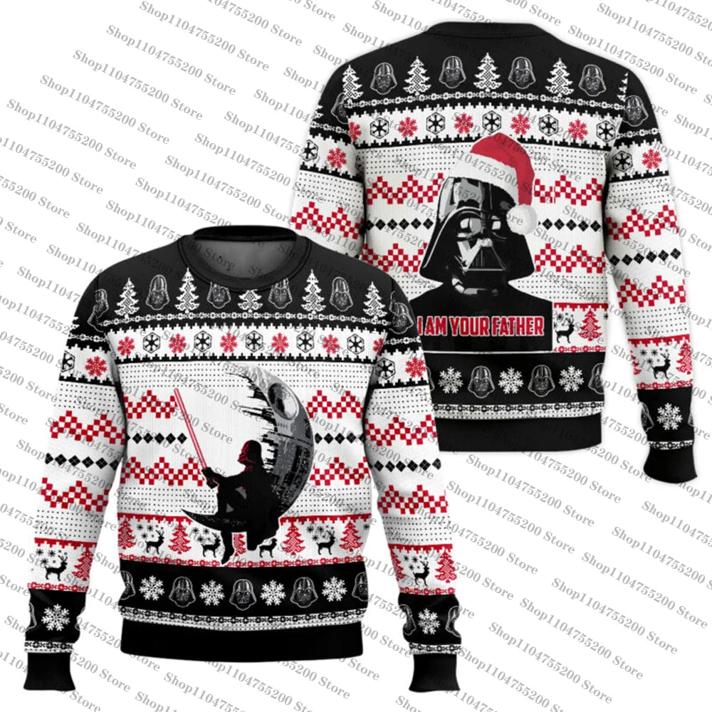 Star Wars juletrøje med Darth Vader og Dødsstjernen, rød og hvid strik, "I am your father" tekst, perfekt til nørdede julefester.