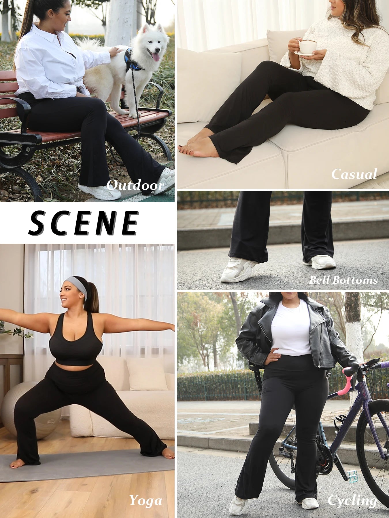 Kvinde iført sorte bukser i forskellige scener: udendørs med hund, afslappet på sofa, yoga, cykling. Fokus på komfort og alsidighed.