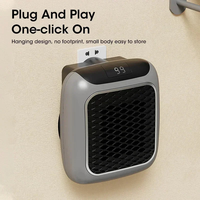 Vægmonteret mini-varmeblæser med digitalt display, kompakt design, nem installation, energieffektiv, ideel til små rum, plug-and-play funktion.