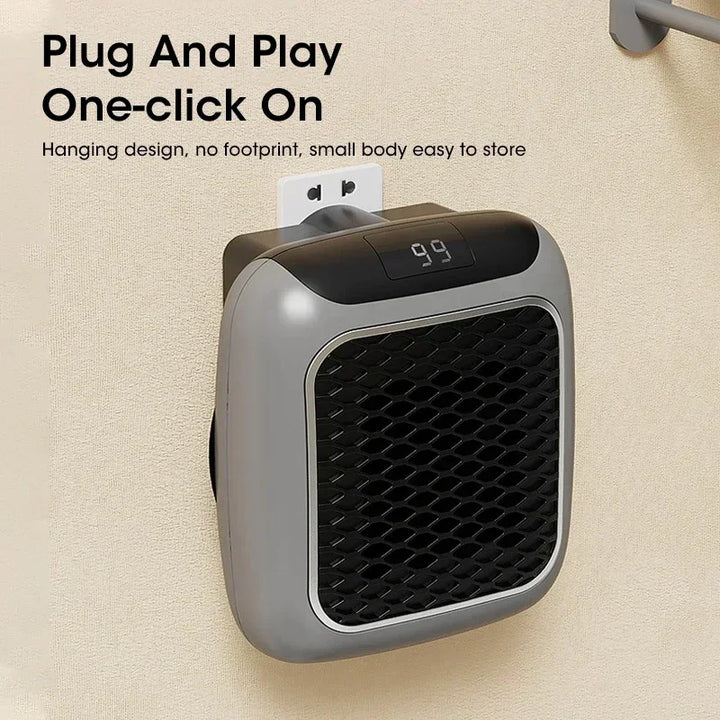 Vægmonteret mini-varmeblæser med digitalt display, kompakt design, nem installation, energieffektiv, ideel til små rum, plug-and-play funktion.
