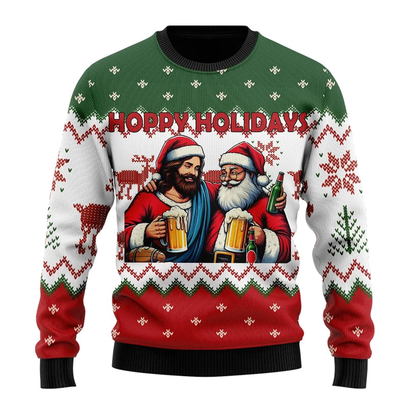 Julesweater med julemanden og Jesus, der skåler med øl, "Hoppy Holidays" tekst, rød, grøn og hvid farve, snefnug og rensdyr mønster.