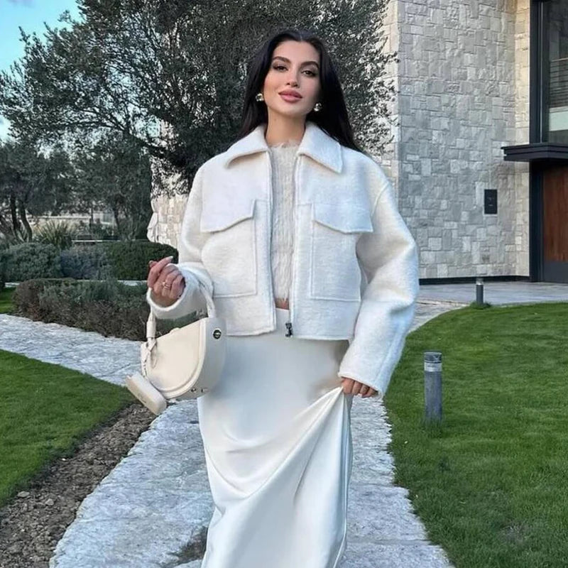 Tweedowa kurtka bomberka krótka | Długi rękaw z zamkiem błyskawicznym streetwear damski