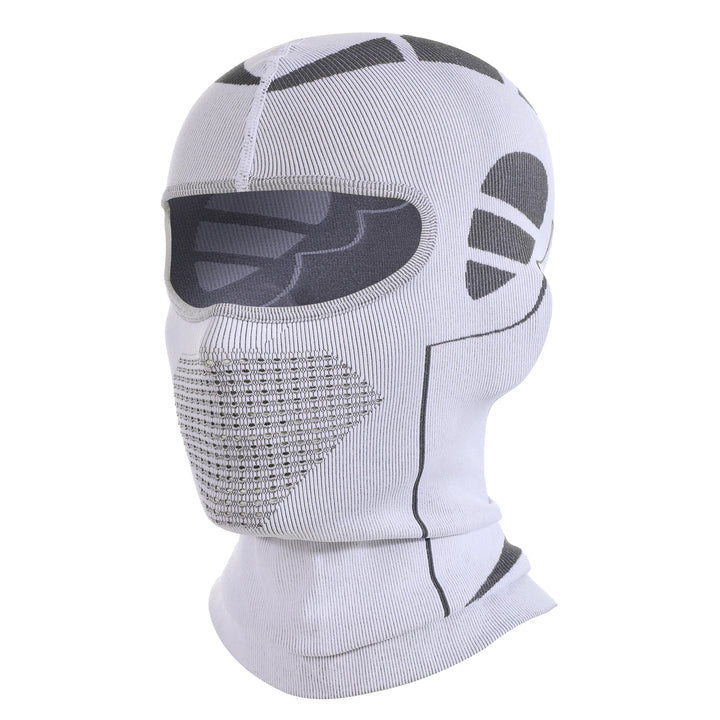 Hvid balaclava med futuristisk design, sorte grafiske detaljer og ansigtsmaske. Ideel til udendørs sport og vinteraktiviteter.