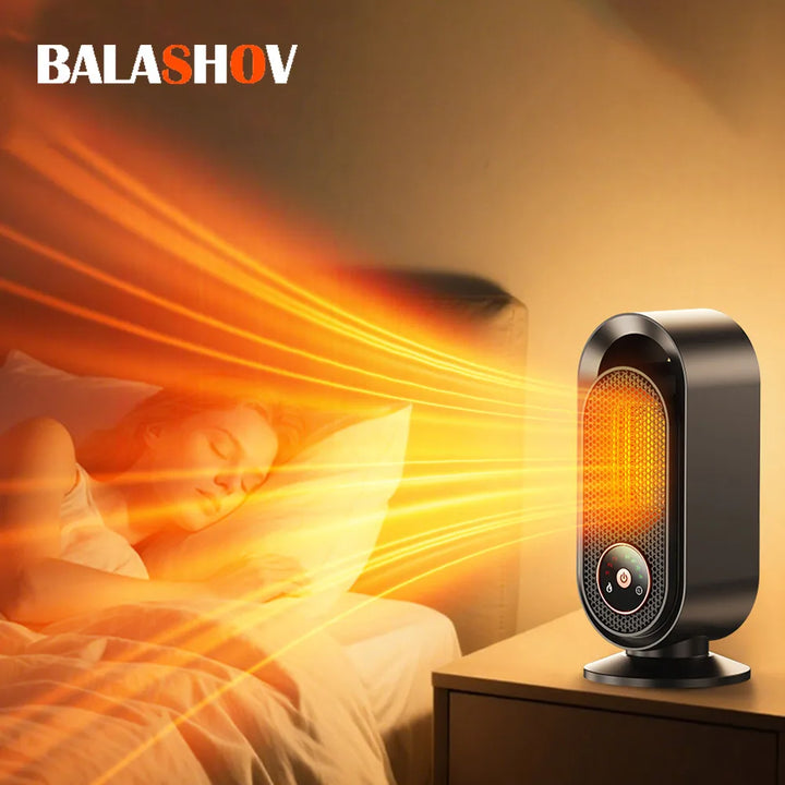 Soveværelse med moderne elektrisk varmeblæser, der opvarmer rummet. Kvinde sover komfortabelt. Effektiv varme, energibesparende teknologi.