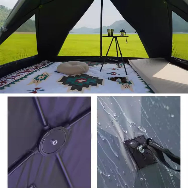 Indvendig udsigt af telt med tæppe, pude og bord i naturskønne omgivelser. Vandtæt design med regndråber på teltdug. Campingudstyr, udendørs eventyr.