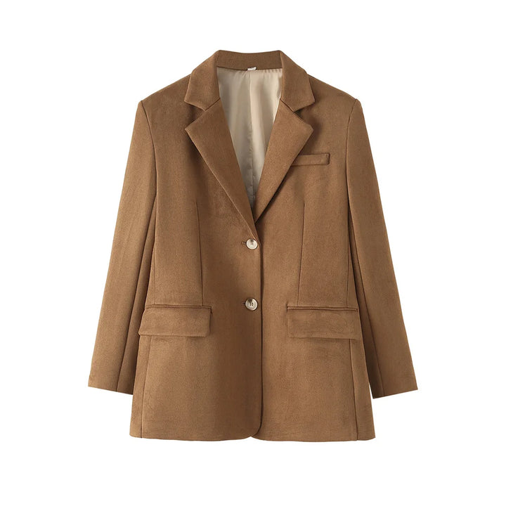 Brun blazer til kvinder med to knapper og lommer, klassisk design, velegnet til forretnings- og casual brug. Elegant og tidløs jakke.