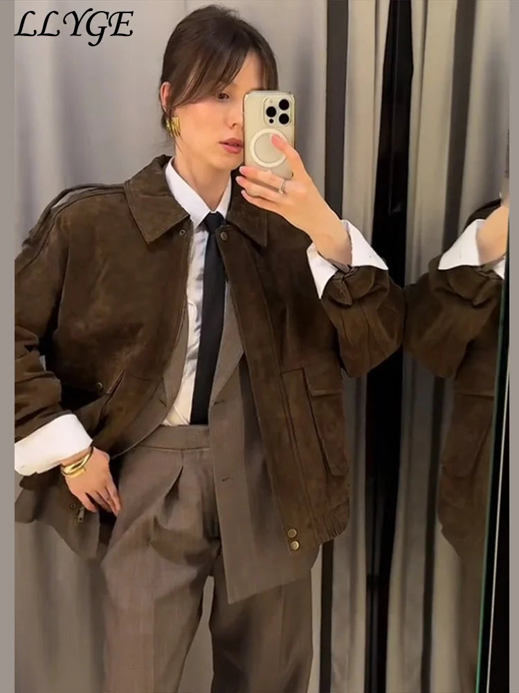 Bomberjakke Ruskind Vintage | Lynlås Revers Lommer Dame Overtøj