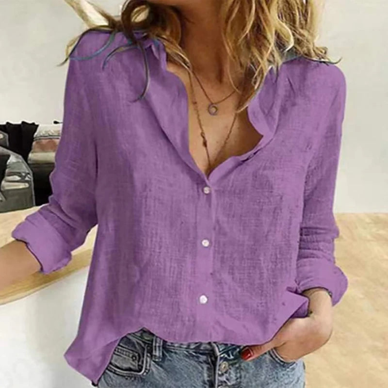 Elegante camisa de lino de algodón para mujer, casual, lisa, con botones y solapa, manga larga, blusa suelta tipo túnica, otoño invierno