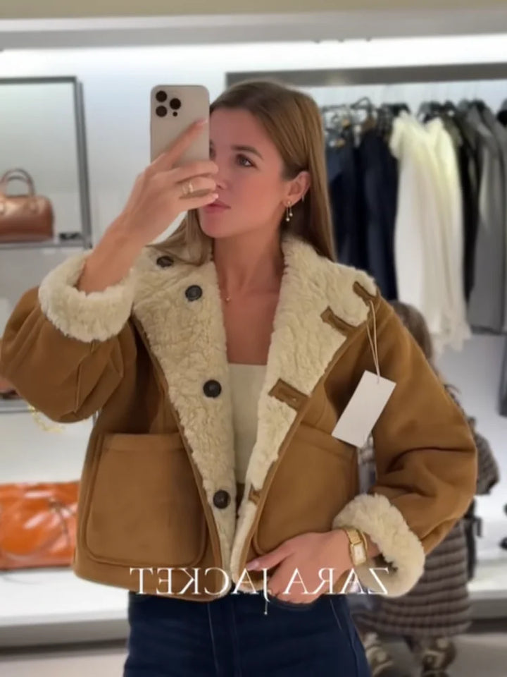 Kurtka z wełny jagnięcej krótka | Odwrócony dekolt w serek wysoki kołnierz casual ciepła