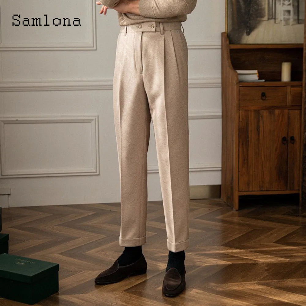 Pantaloni eleganți pentru bărbați cu buzunare, pantaloni formali de petrecere, stil italian, pantaloni moi din lână