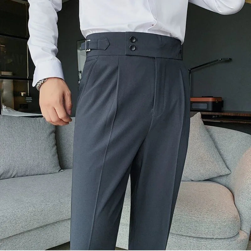 Pantalones de traje para hombre cintura alta pantalones rectos de negocios estilo coreano pantalones formales elegantes