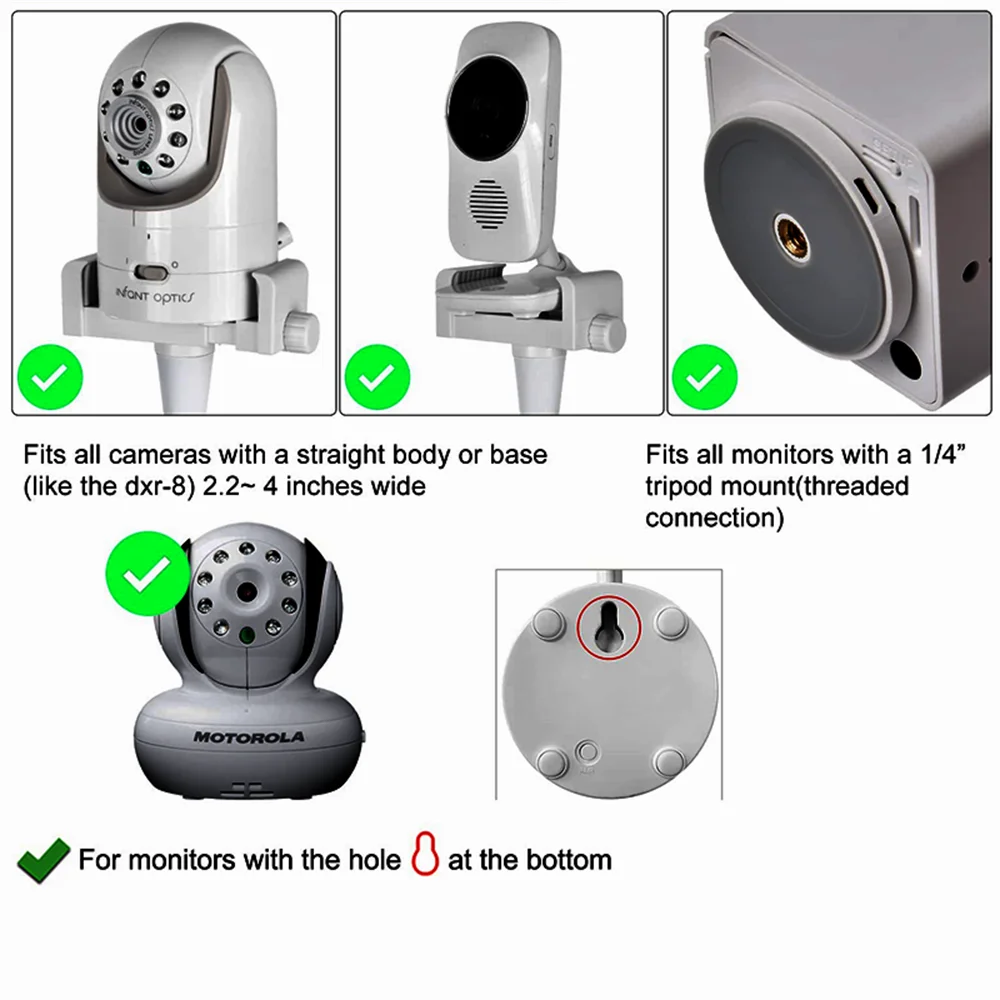 Billede af kamera- og monitorbeslag med justerbar base, passer til enheder med lige krop eller 1/4" stativmontering. Kompatibel med Motorola babyalarm.
