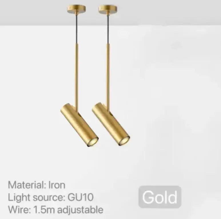 Guld pendellampe i jern med justerbar 1,5m ledning, GU10 lyskilde. Moderne design, ideel til køkken eller stue. Elegant belysning.