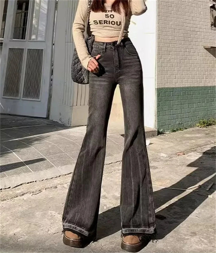 Blugi evazați vintage pentru femei | Pantaloni denim cu talie înaltă, cu stretch și design bootcut