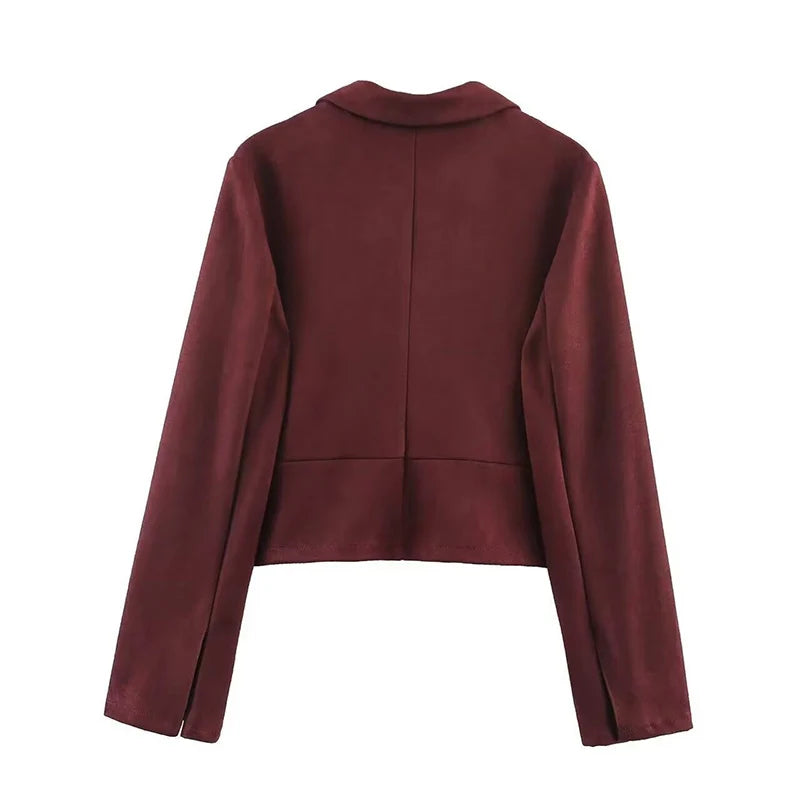 Bordeaux rød blazerjakke til kvinder, set bagfra. Stilfuld og elegant design, perfekt til formelle og afslappede lejligheder. Høj kvalitet stof.