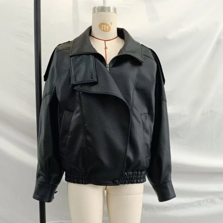 Kurtka z PU skóry z wysokim kołnierzem | Luźny krój Casual Chic Streetwear