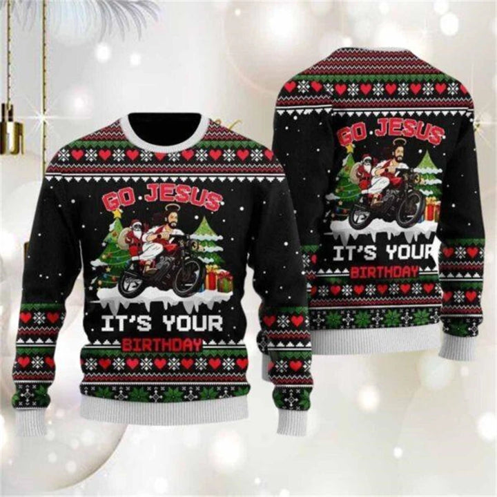 Julesweater med "Go Jesus It's Your Birthday" design, julemand på motorcykel, juletræer og gaver. Perfekt til sjove julefester og vinterhygge.