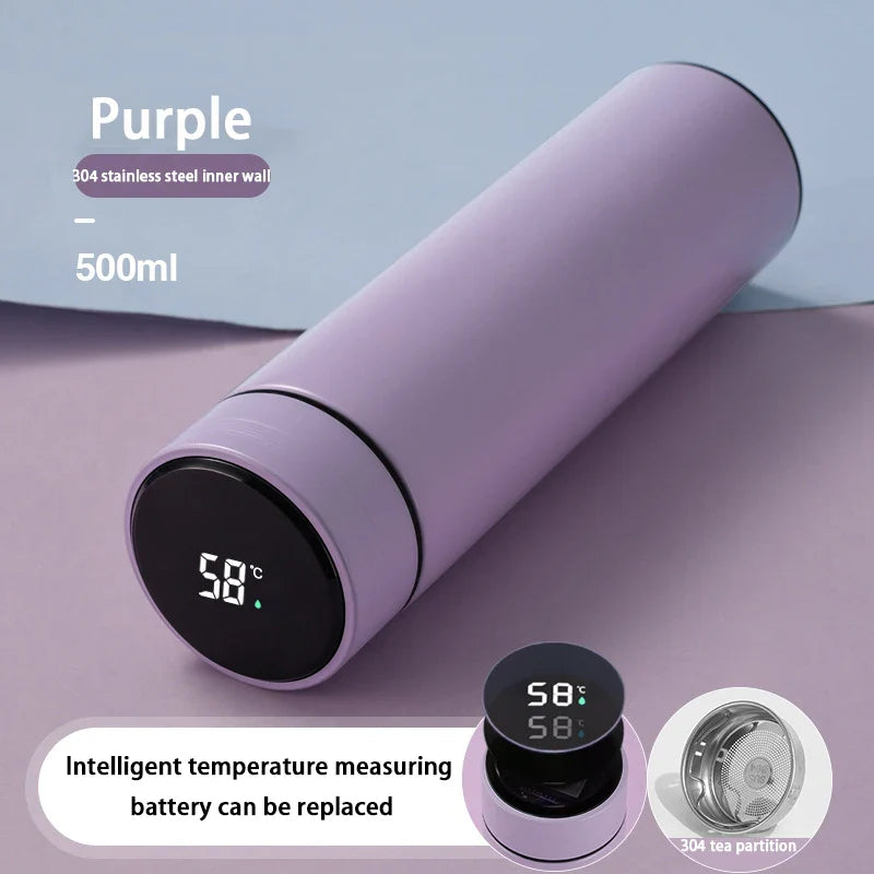 Lilla termoflaske 500ml med digital temperaturmåler, 304 rustfrit stål, udskifteligt batteri, tepartition. Perfekt til varme drikke.