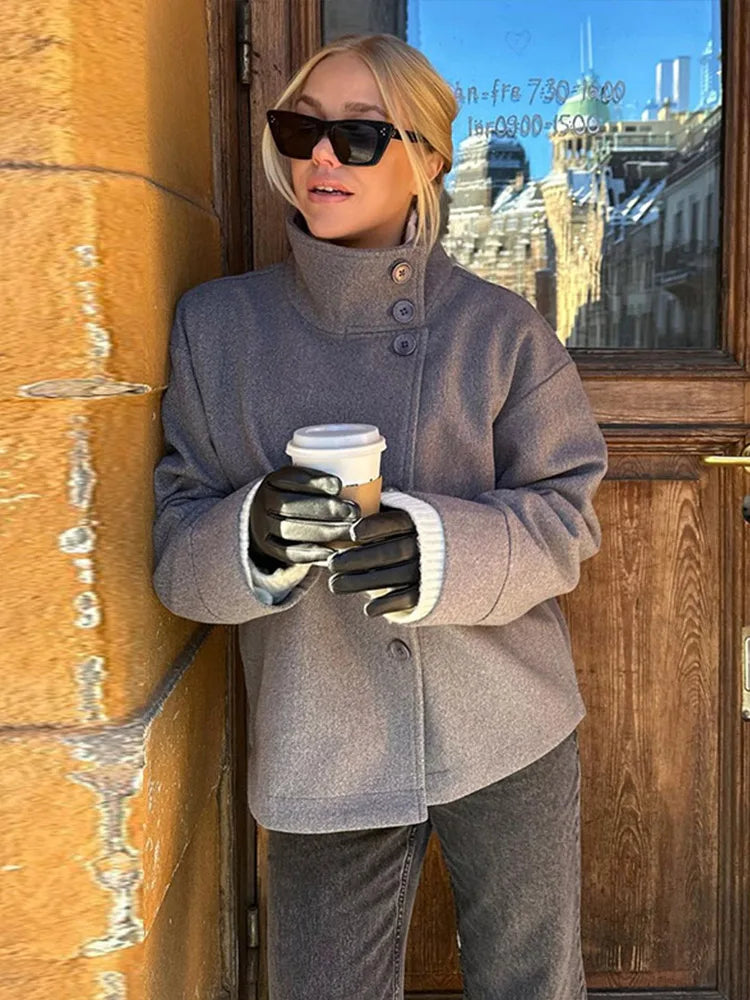 Płaszcz z wełny jednokolorowy luźny | wysoki kołnierz pojedynczy guzik zimowy damski