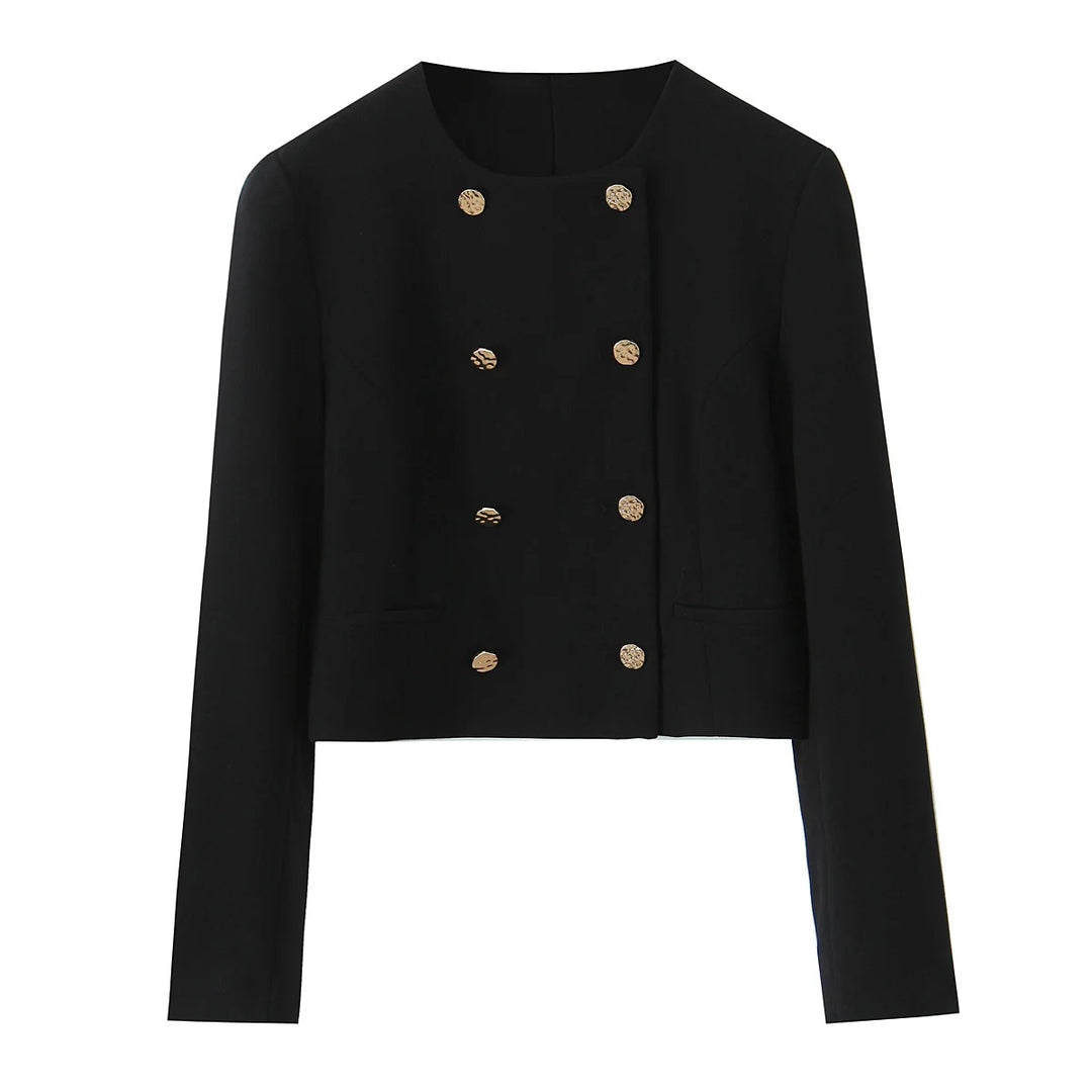 Sort dobbeltradet blazer med guldknapper, elegant design, langærmet, perfekt til formelle lejligheder. Stilfuld jakke til kvinder.