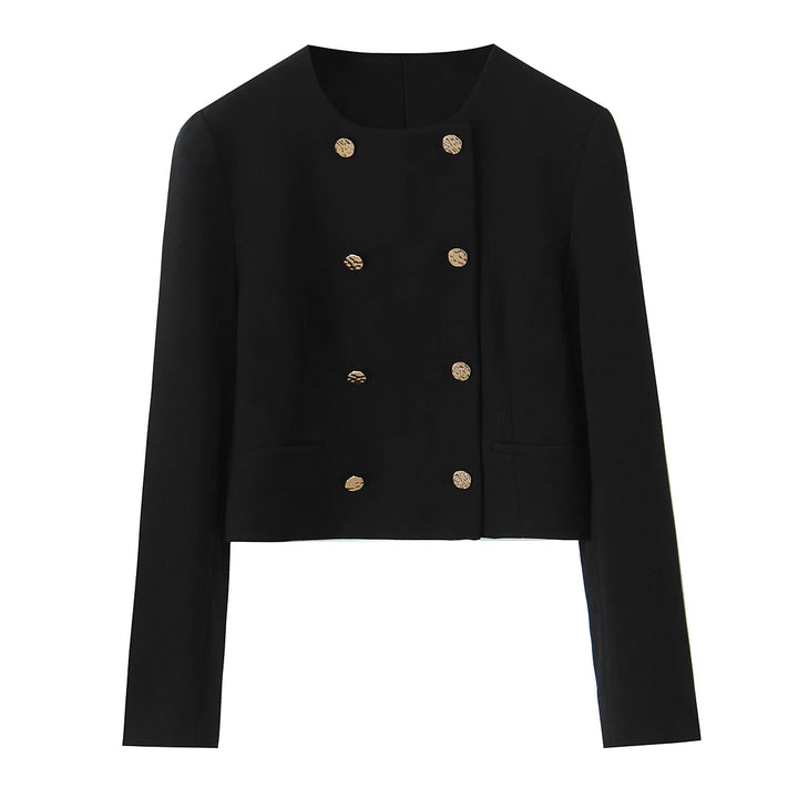 Sort dobbeltradet blazer med guldknapper, elegant design, langærmet, perfekt til formelle lejligheder. Stilfuld jakke til kvinder.
