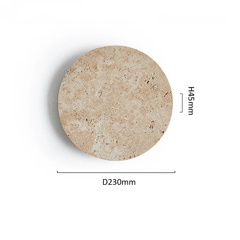 Rund travertin bordplade, 230mm diameter, 45mm højde. Naturlig sten, beige farve, minimalistisk design, ideel til moderne indretning.