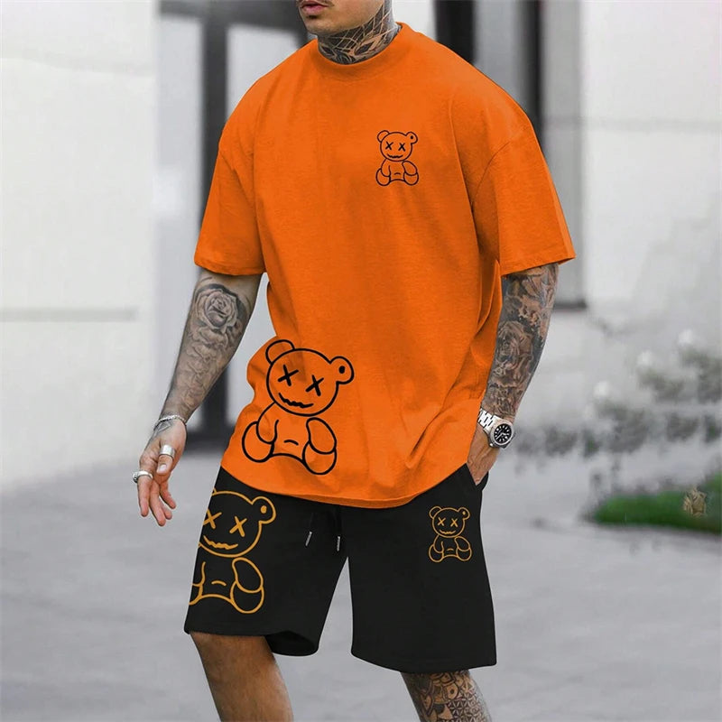 Camiseta Sjov bjørn Harajuku para hombres verano suelto conjunto diario de pareja al aire libre calle camiseta de manga corta y pantalones cortos conjunto de verano de dos piezas