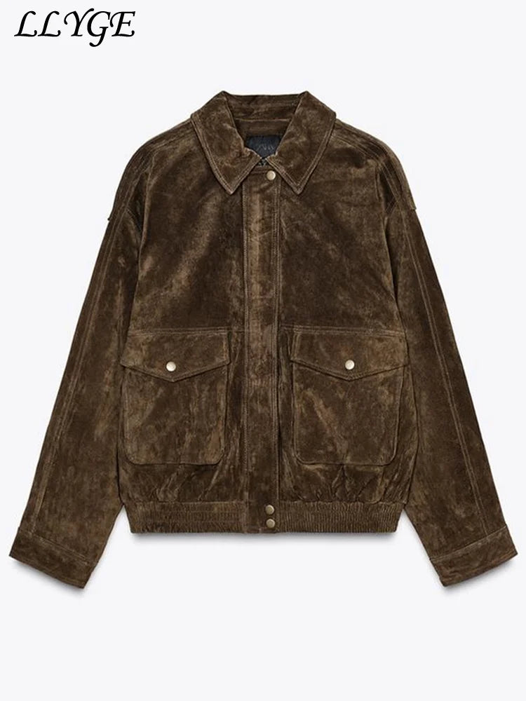 Bomberjakke Ruskind Vintage | Lynlås Revers Lommer Dame Overtøj