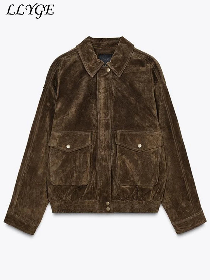 Bomberjakke Ruskind Vintage | Lynlås Revers Lommer Dame Overtøj