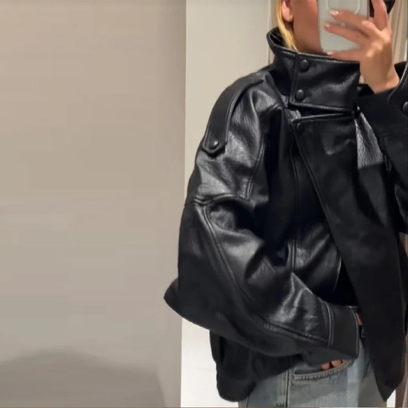 Kurtka z PU skóry z wysokim kołnierzem | Luźny krój Casual Chic Streetwear