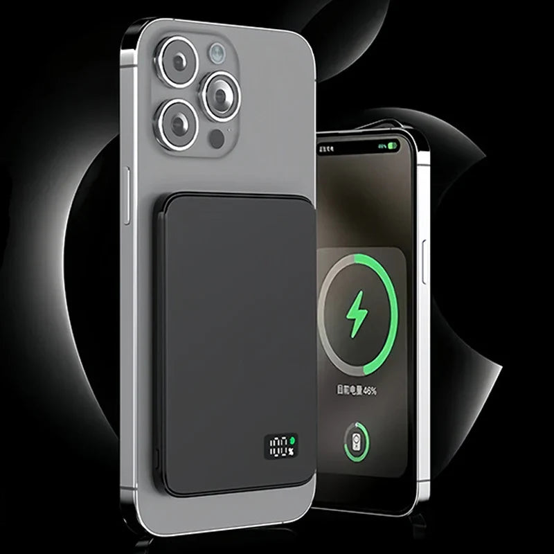 Ultratyndt eksternt batteri | hurtig magnetisk trådløs oplader med LED-skærm til iPhone & Samsung