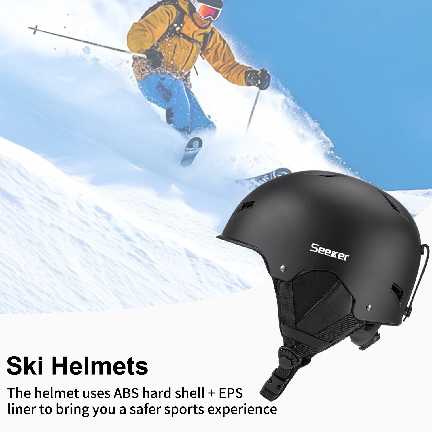 Sort skihjelm med ABS hård skal og EPS-foring, ideel til sikker skiferie. Baggrund viser skiløber i aktion på sneklædt bjerg.