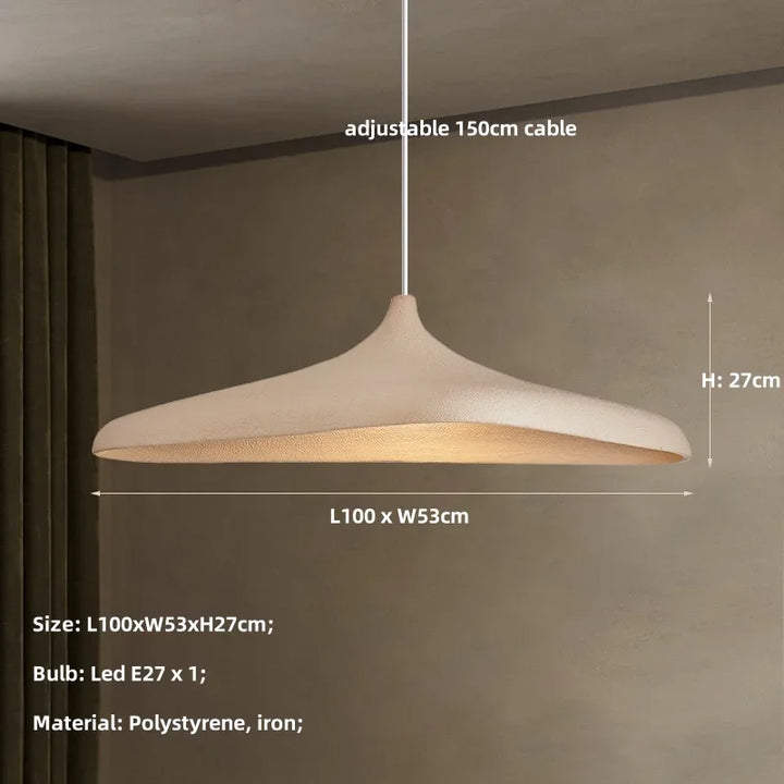 Moderne beige pendellampe, justerbar 150 cm kabel, størrelse L100xW53xH27 cm, LED E27 pære, materialer: polystyren og jern.