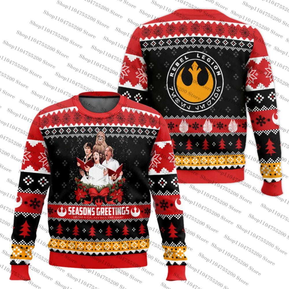 Rød og sort Star Wars julesweater med karakterer og "Seasons Greetings" tekst. Perfekt til jul, nørdet mode og Star Wars fans.